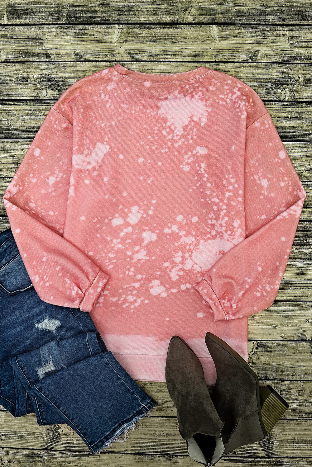 Pink Bleached Round Neck Pullover Sweatshirt