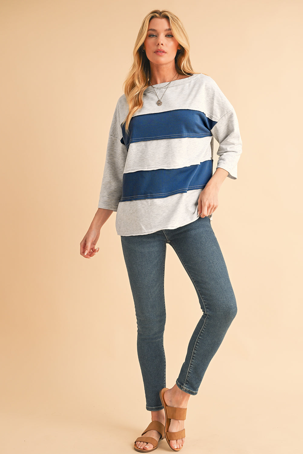 Sail Blue Striped Patchwork 3/4 Sleeves Raw Edge Sweatshirt