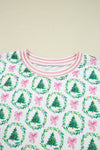 Green Bow Christmas Tree Print Contrast Striped Trim 2pcs Lounge Set