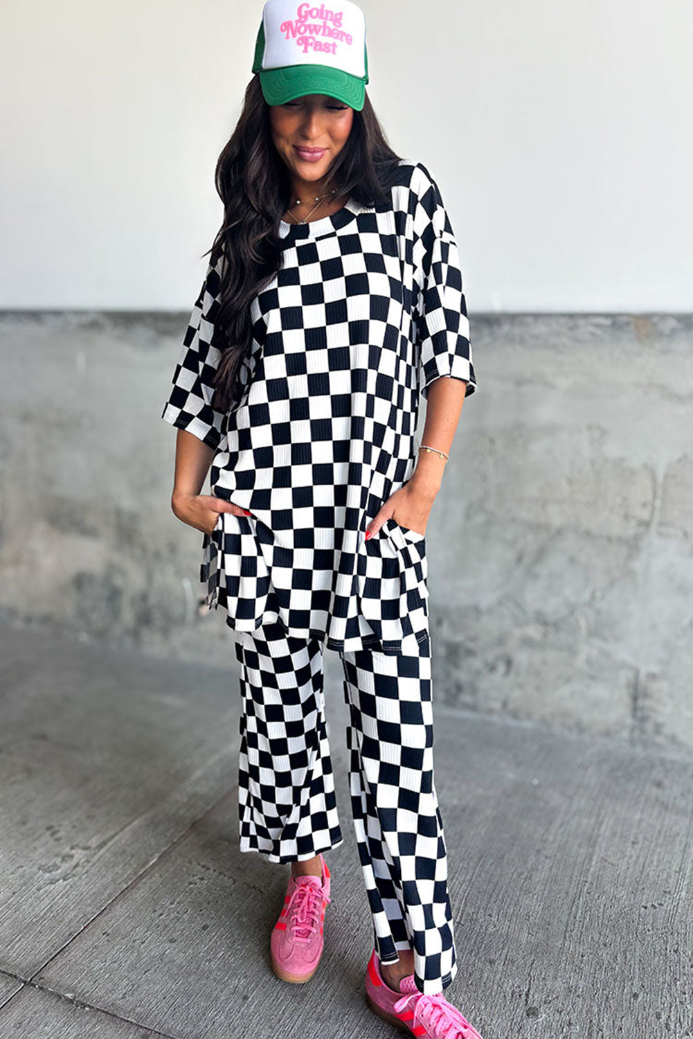 Black Checkered Print Half Sleeve Tunic Top and Flared Pants Set