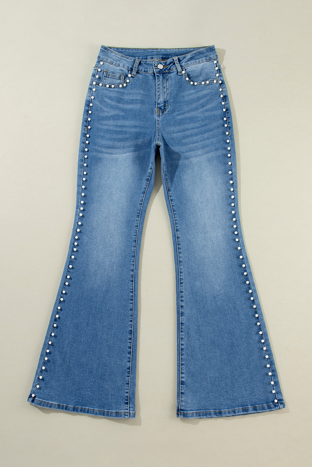 Dusk Blue Pearl Decor High Waist Flared Jeans