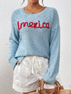 Letter Round Neck Long Sleeve Sweater - Cocoa Yacht Club