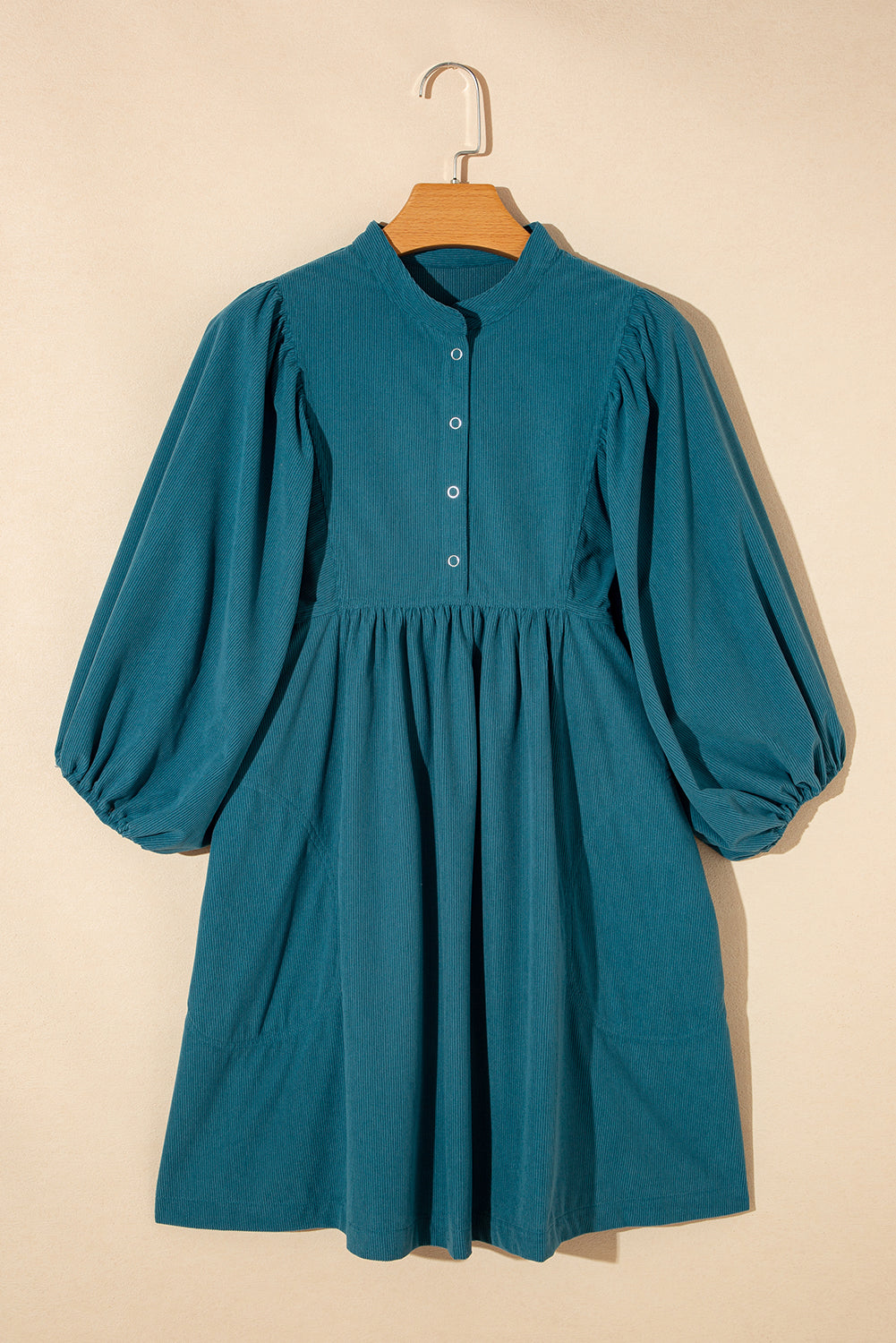 Vineyard Green Light Snap Button Empire Waist Lantern Sleeve Corduroy Dress