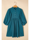 Light Blue Snap Button Empire Waist Lantern Sleeve Corduroy Dress