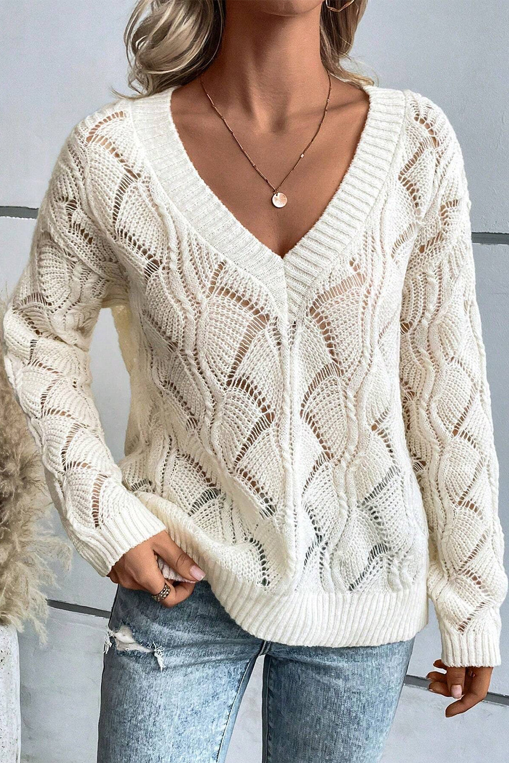 Sweaters Beige Knit Hollow Out V Neck Drop Shoulder Sweater.