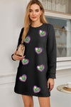 Black Mardi Gras Sequin Heart Patched Textured Long Sleeve Dress