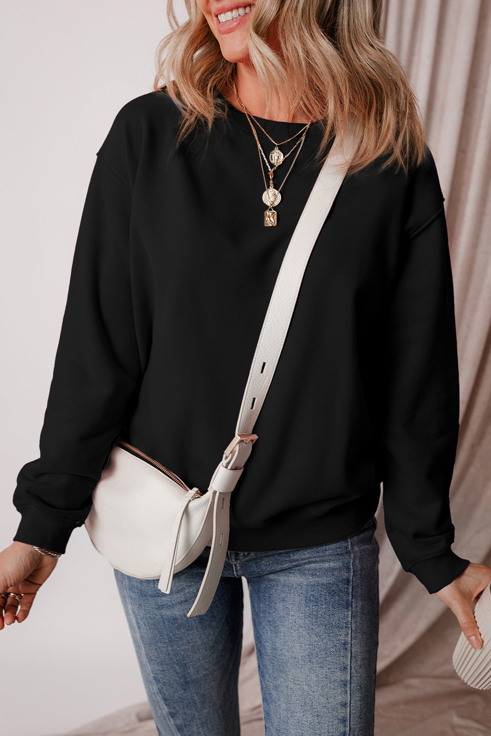 Black Solid Color Drop Shoulder Terry Sweatshirt