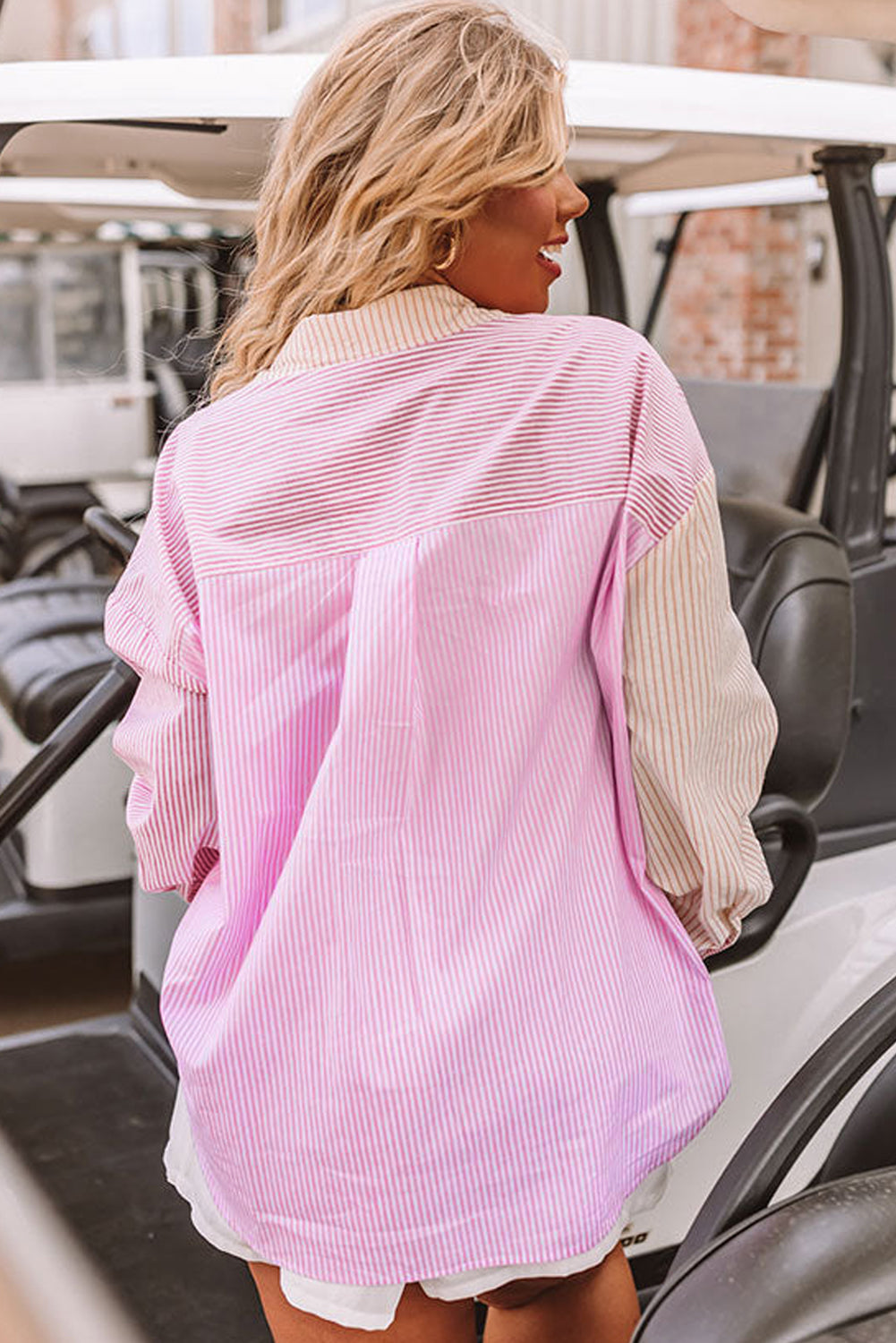 Pink Striped Patchwork Pocket Plus Size Shirt