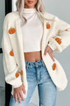 White Pumpkin Print Open Front Drop Shoulder Knit Cardigan
