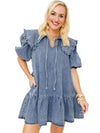 Dusk Blue Ruffle Collar Side Pockets Puff Sleeve Denim Mini Dress