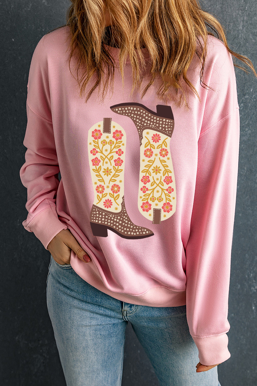 Pink Floral Cowgirl Boots Graphic Drop Shoulder Sweatshirt