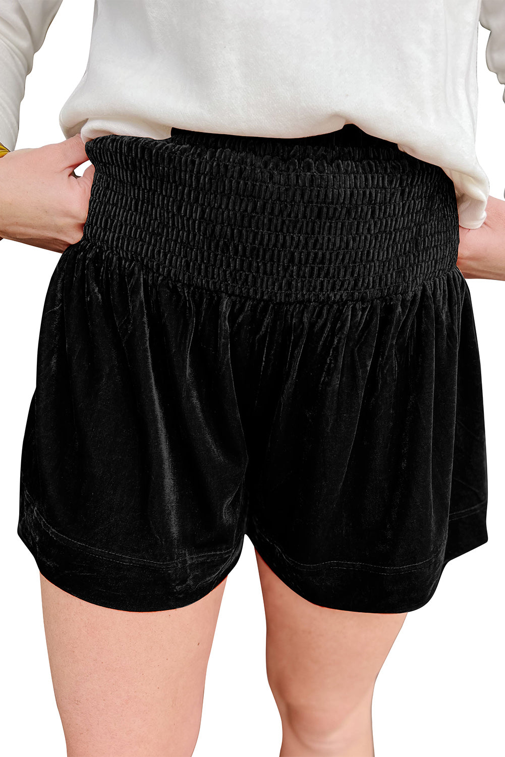 Black Velvet Smocked High Waist Shorts