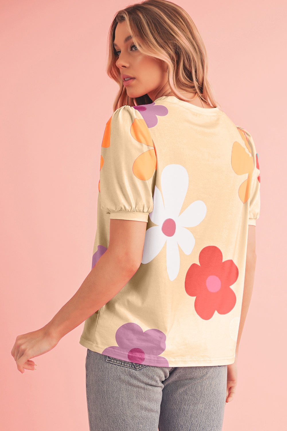 Sky Blue Colorful Flower Print Bubble Sleeve Tee