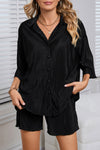 Black Plain Button Up Shirt and High Waisted Shorts Loungewear Set