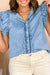 Dusk Blue Ruffled Sleeve Button Up Frayed Plus Size Denim Top