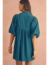 Light Blue Snap Button Empire Waist Lantern Sleeve Corduroy Dress