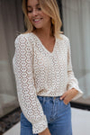 Beige Flower Lace V Neck Puff Sleeve Top