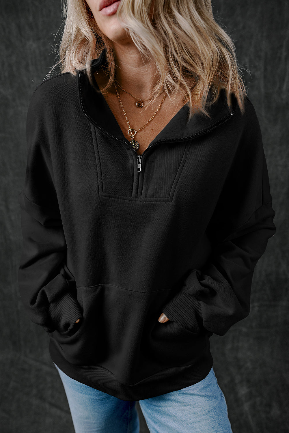 Bonbon Zip-up Stand Neck Kangaroo Pocket Sweatshirt