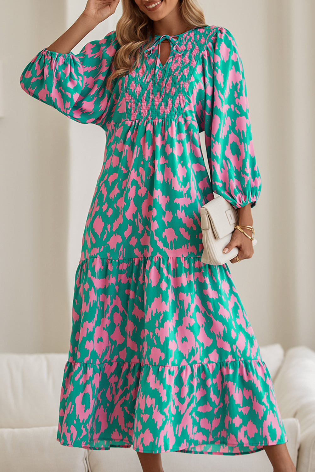 Sky Blue Abstract Print Puff Sleeve Smocked V Neck Maxi Dress