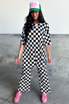 Black Checkered Print Half Sleeve Tunic Top and Flared Pants Set