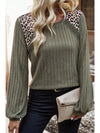 Moss Green Leopard Print Patchwork Crochet Rib Textured Top