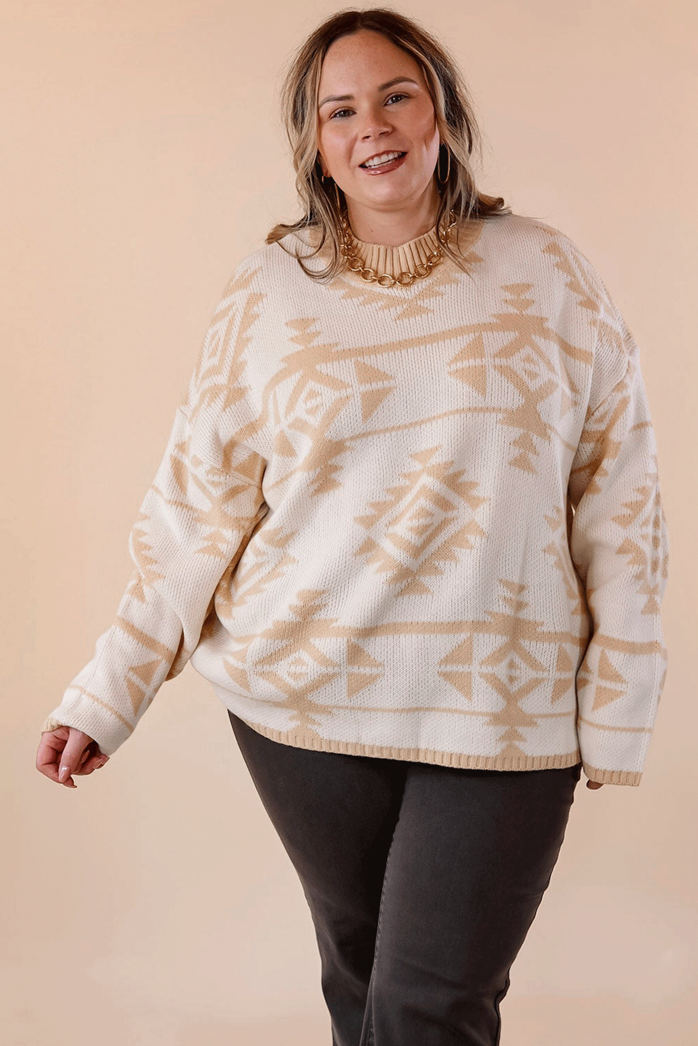 Apricot Plus Size Geometric Print Drop Sleeve Sweater