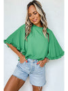 Green Frilly Round Neck Wide Half Sleeve Blouse