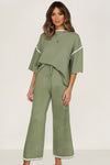 Navy Blue Loose Contrast Trim Half Sleeve Top and Drawstring Pants Set