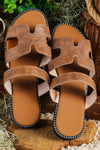 Brown Leather H Band Flat Slides Shoes