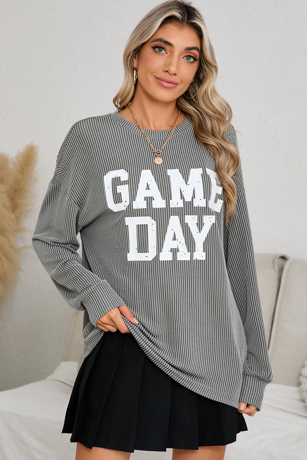 Bluing Corded GAME DAY Graphic Long Sleeve Top