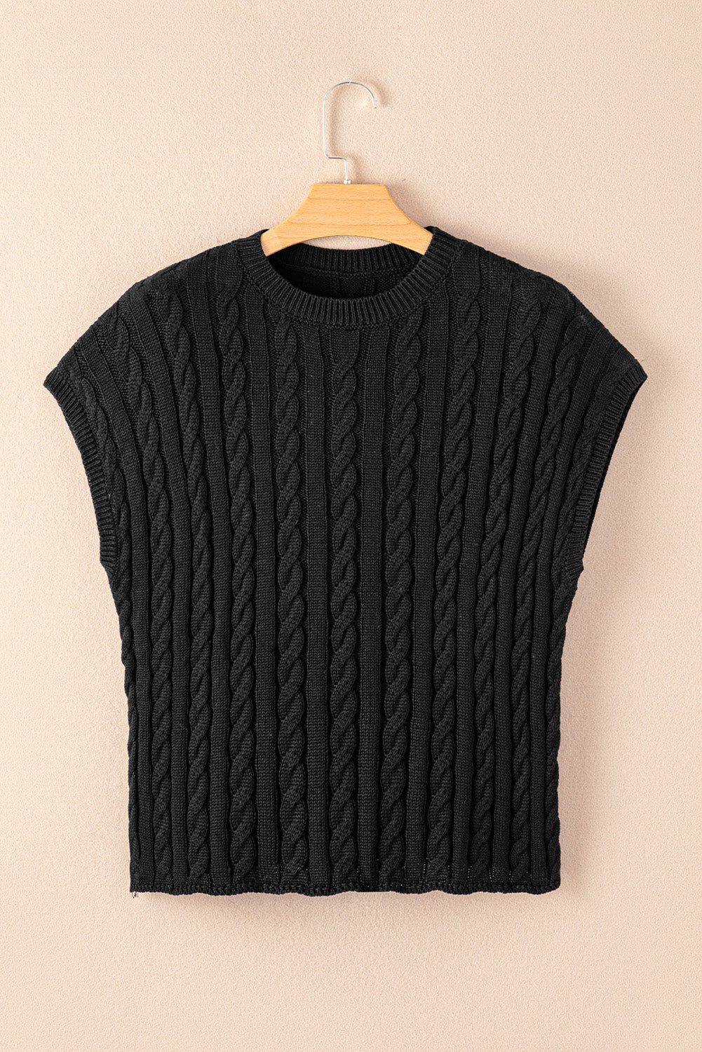 Flaxen Solid Color Cable Knit Short Sleeve Sweater