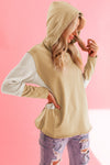 Parchment Textured Splicing Sleeve Raw Hem Hoodie