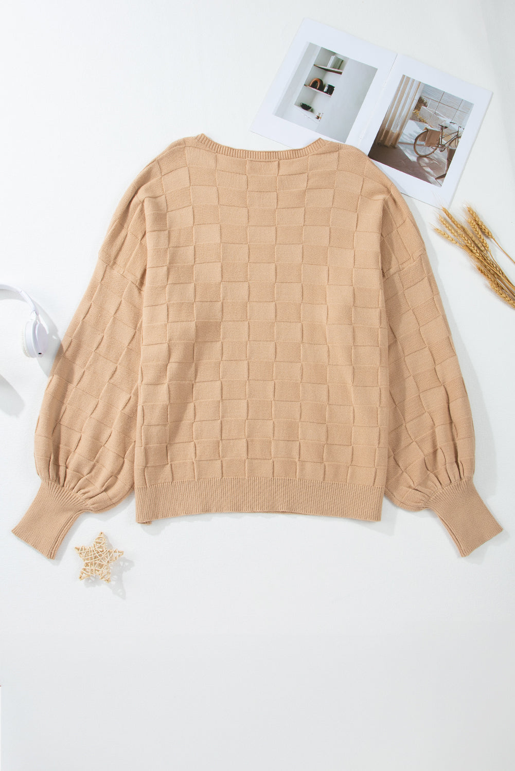 Rose Tan Solid Checkered Textured Knit Plus Size Sweater