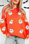Orange Halloween Ghost Cute Patched Pattern Holiday Sweatshirt