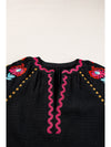 Black Floral Embroidered Ricrac Puff Sleeve Textured Blouse