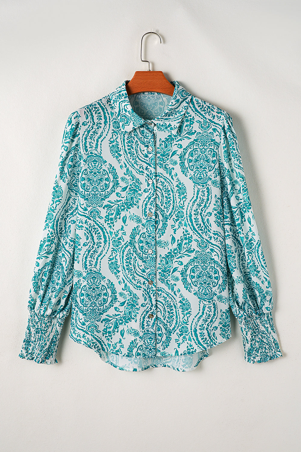 Green Paisley Print Smocked Cuffs Buttoned Loose Shirt