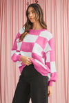 Pink Checked Bishop Sleeve Pullover Sweater