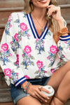 White Floral Print Pop of Color V-neck Long Sleeve Blouse