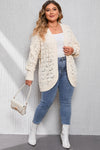 Beige Plus Size Hollowed Open Front Ribbed Trim Cardigan