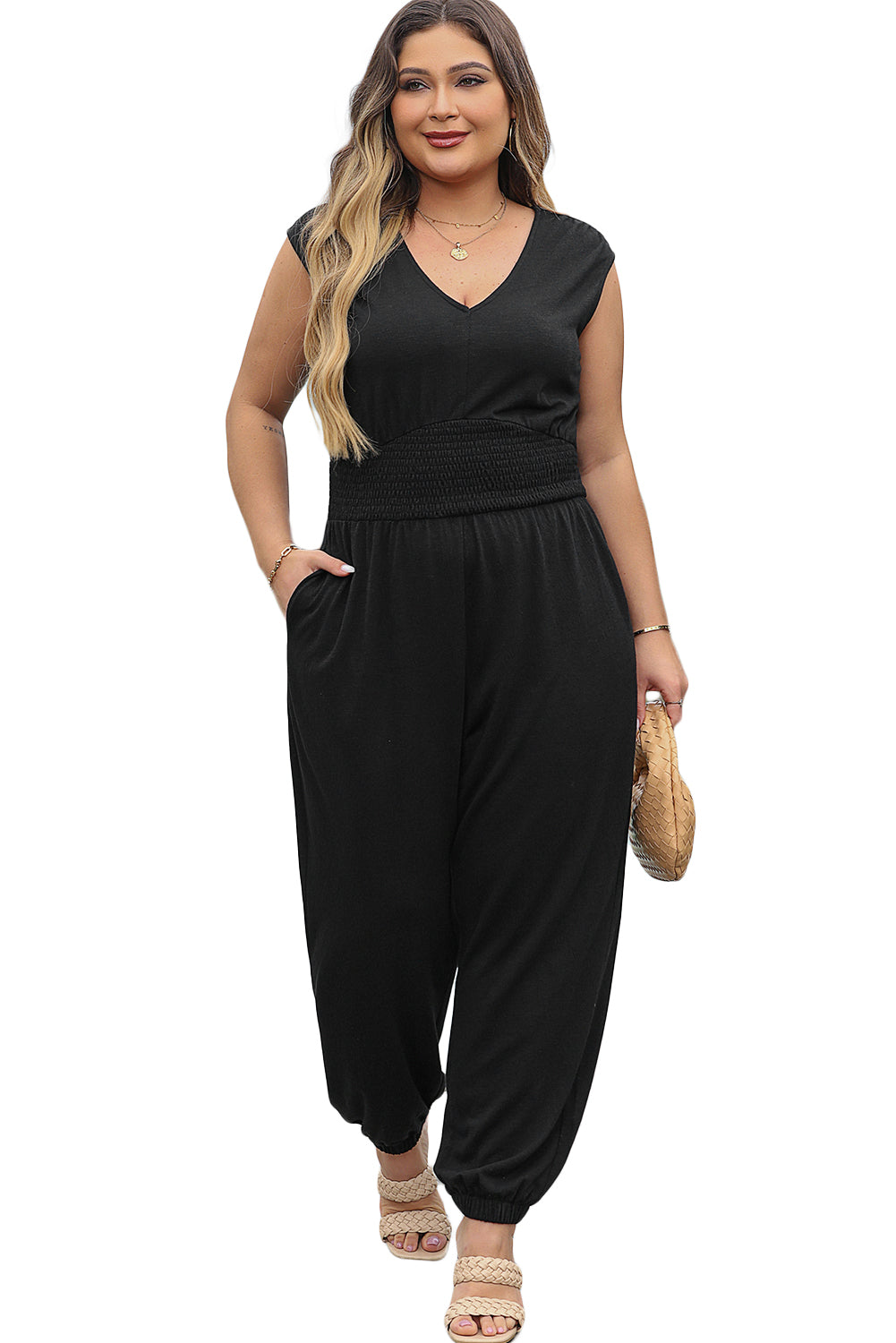 Black Plus Size Smocked High Waist Sleeveless V Neck Jumpsuit