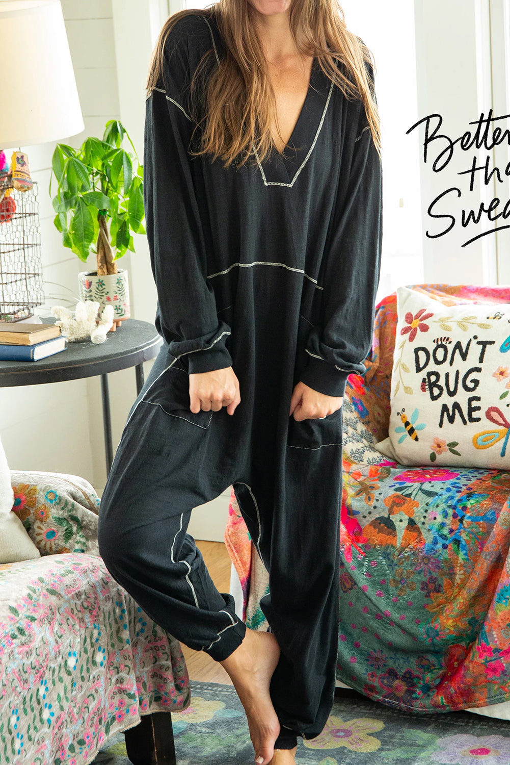 Black Exposed Seam Oversized Drop Waist Jumpsuit