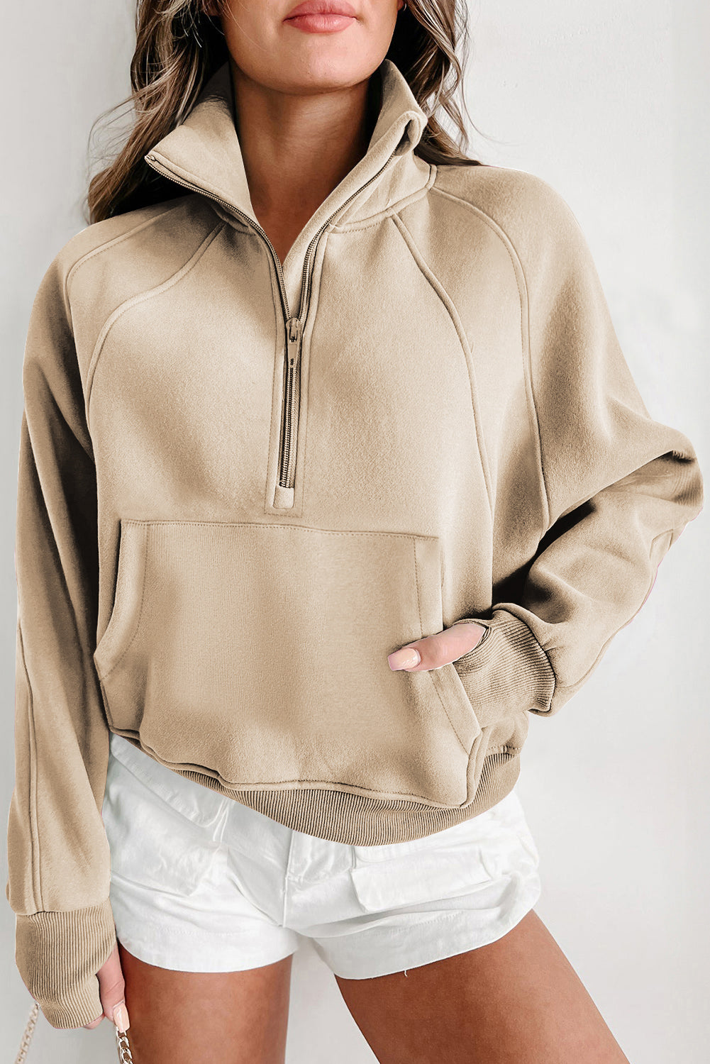 Flamingo Zip Up Stand Collar Ribbed Thumbhole Sleeve Sweatshirt