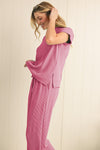Blue Solid Corded Short Sleeve T Shirt and Wide Leg Pants Set