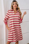 Pink Stripe Pocketed Collared V Neck Loose Fit Mini Dress