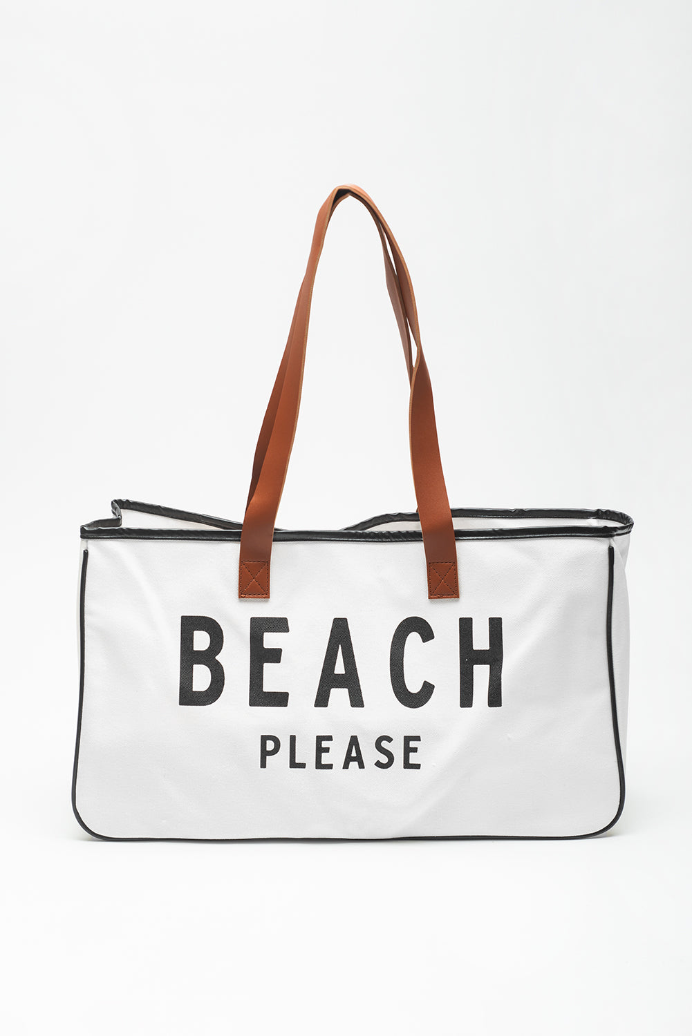 Bright White BEACH PLEASE Print Large Canvas Tote Bag