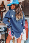 Women Wash Distressed Frayed Long Denim Jacket