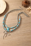 Silvery Bow and Heart Pendants Turquoise Beaded Multi-layered Necklace