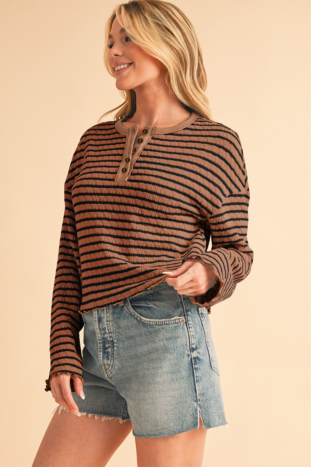 Sky Blue Stripe Textured Long Sleeve Henley Top