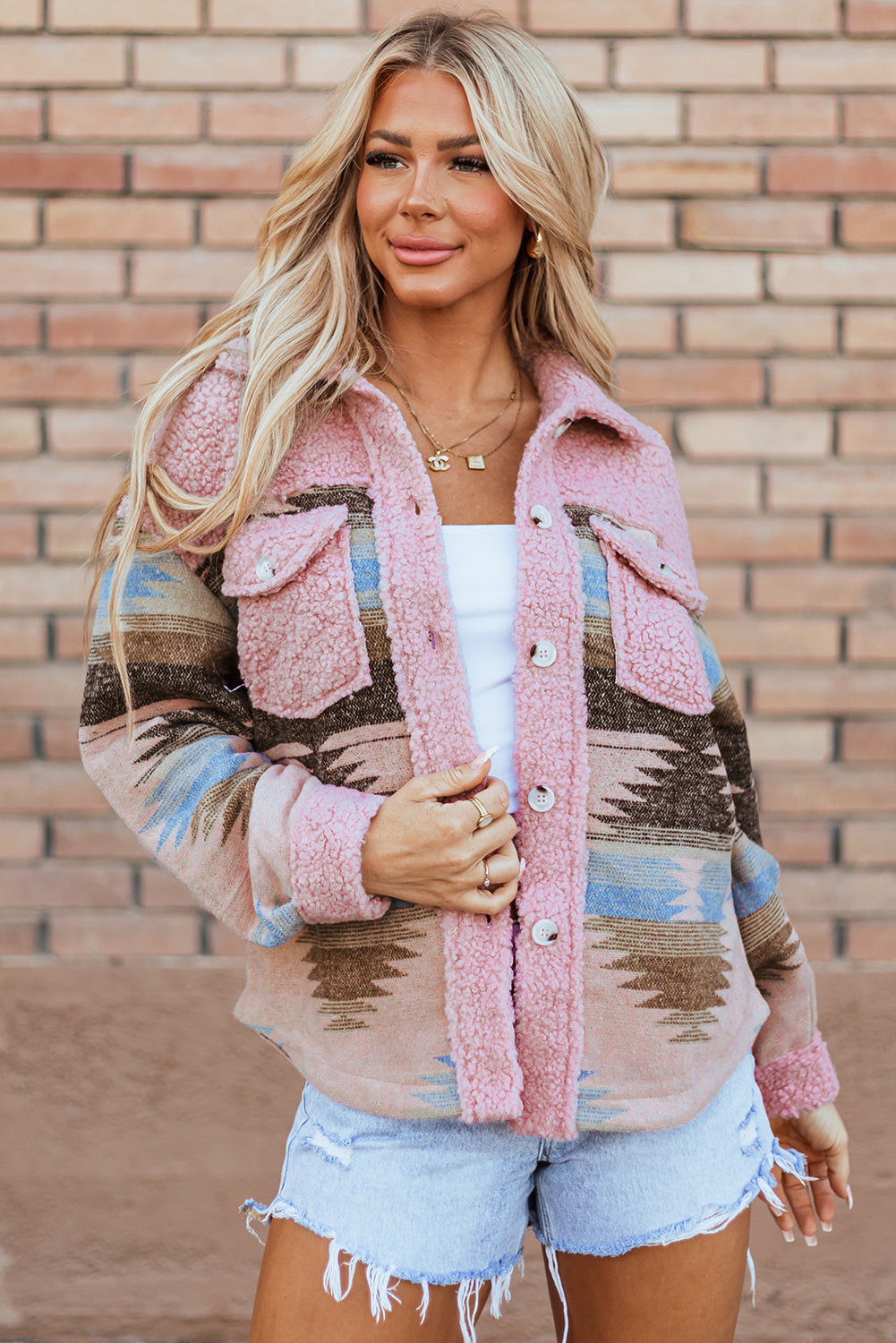 Pink Aztec Print Sherpa Splicing Buttoned Flap Pocket Coat