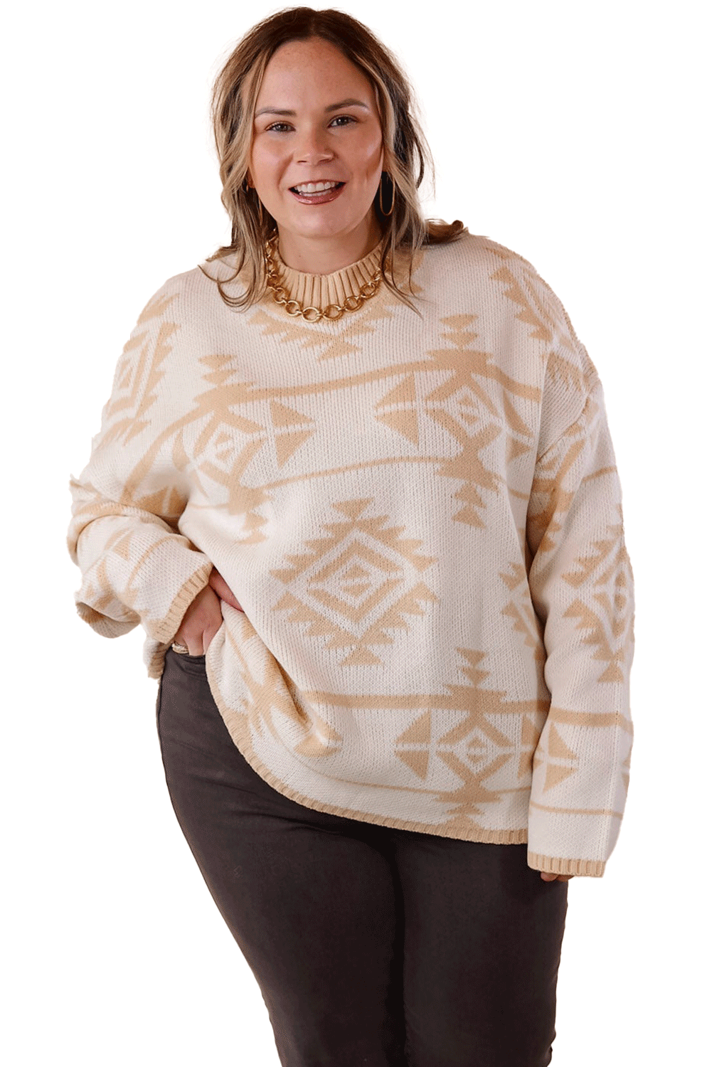 Apricot Plus Size Geometric Print Drop Sleeve Sweater